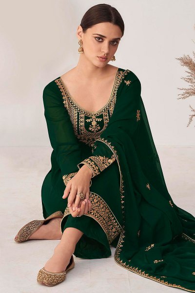 Plus size Kurta and Palazzo Set in Bottle Green Georgette